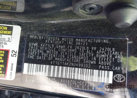 2022 Toyota Camry Se из США, поврежденный, VIN 4T1G11AK2NU499302